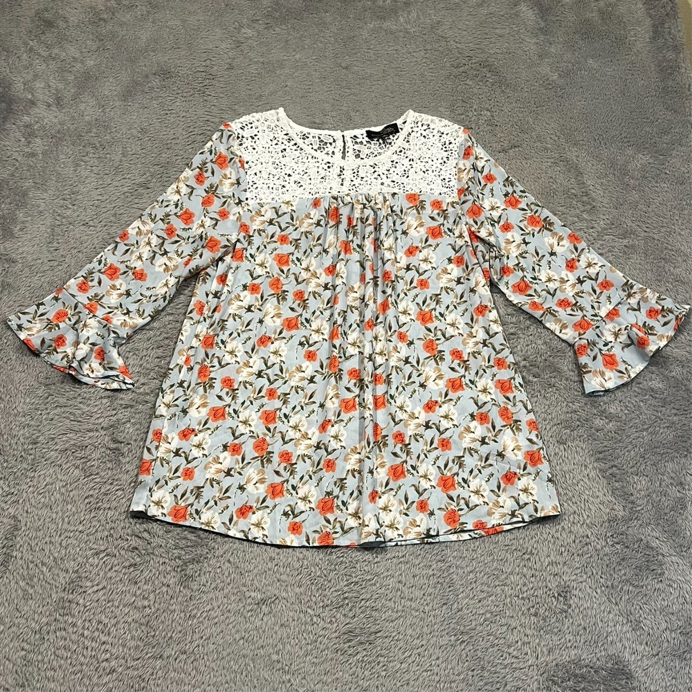 Suzanne Betro Floral Top Blouse Lace Upper Bell Sleeve Cottagecore Women's M